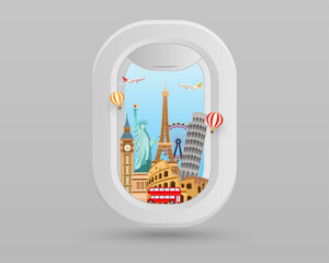 window plane and famous landmark building around the world. travel tourism airplane. airlines travel in europe. vector illustration design. trip in vacation.