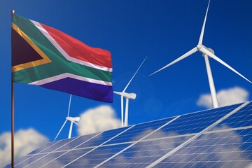 South Africa renewable energy, wind and solar energy concept with windmills and solar panels - renewable energy - industrial illustration, 3D illustration