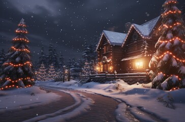 Fototapeta premium an evening snow scene of the christmas tree in a snow storm in a city