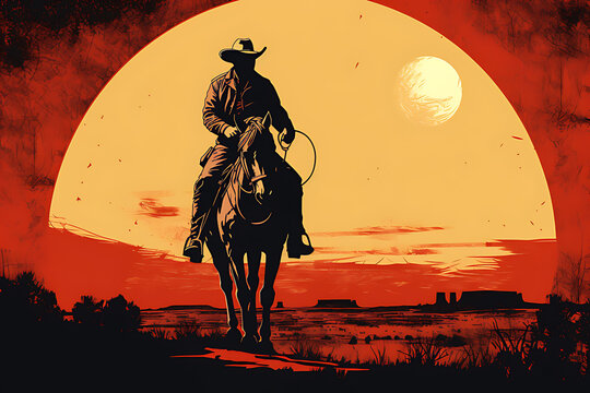 Silhouette art image of a cowboy riding a horse in a wide field