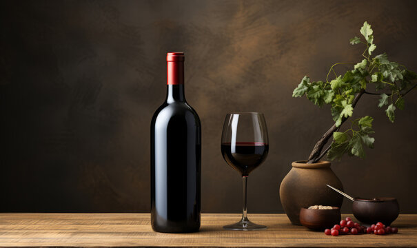 Classic red wine bottle, blank matte label, grapes on wooden table