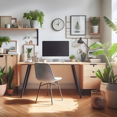 A Scandinavian-style home office with a desk, chair, and plants