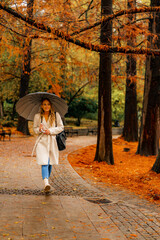 Woman with umbrella taking a walk in autumn park on rainy day, orange and red leaves have fallen on the ground