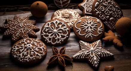 Fototapeta na wymiar a variety of gingerbread cookies with cinnamon and powdered sugar