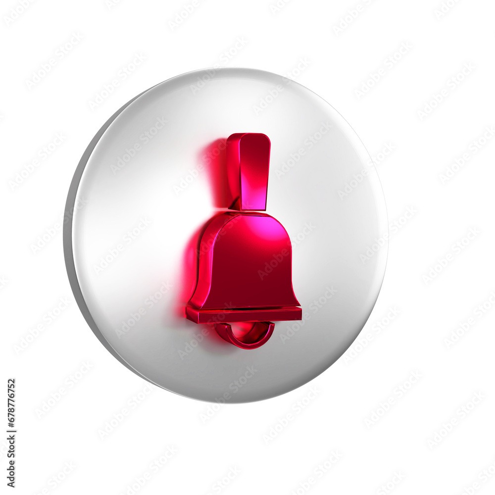 Sticker Red Ringing bell icon isolated on transparent background. Alarm symbol, service bell, handbell sign, notification symbol. Silver circle button.