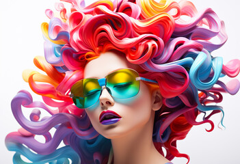 Exotic surrealism woman hair stylish fashion art with clorful plastic line  pattern. inspiration of modern pop art design