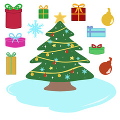 Natal tree and decoration box gift set with green , gold, purple, pink, yellow, blue, and red  plus white line colors that can be use for social media, wallpaper, sticker, t-shirt, e.t.c.