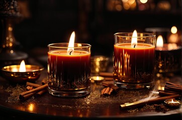 Obraz na płótnie Canvas Cinnamon-scented candles with a warm glow