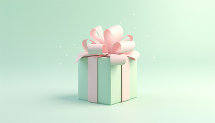 Obraz premium 3d pastel closed gift box standing on the floor with pastel ribbon bow isolated on a light background. 3d render modern holiday surprise box. Realistic cute icon. Valentine,Birthday,present 