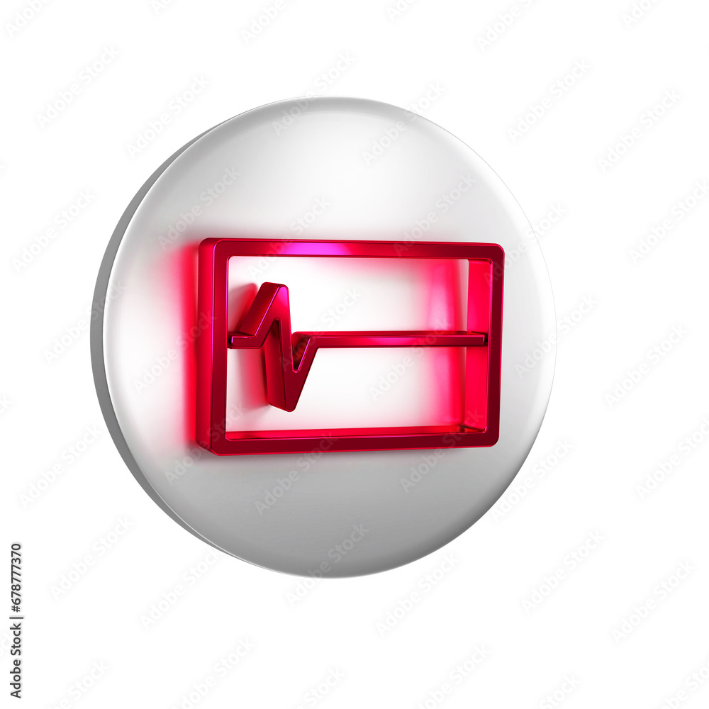 Poster Red Beat dead in monitor icon isolated on transparent background. ECG showing death. Silver circle button.