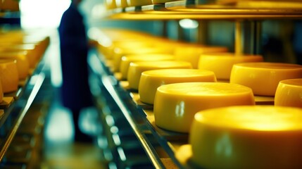 Fototapeta premium Cheeses lined up in rows in a dairy factory
