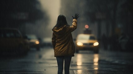 Woman hailing a taxi on the street on a rainy day - obrazy, fototapety, plakaty