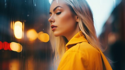 Young woman in yellow raincoat walking down the street - obrazy, fototapety, plakaty