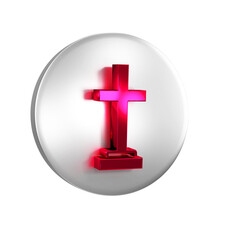 Red Grave with cross icon isolated on transparent background. Silver circle button.
