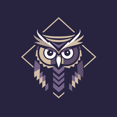 Stylized owl with a black and white face and a purple and brown body. The owl is looking at the camera