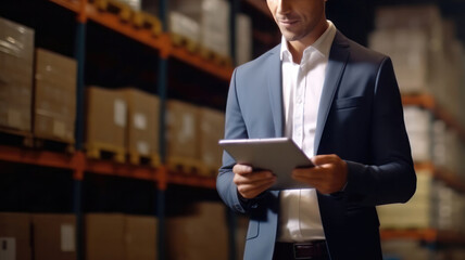man business owner using checklist recheck amount of stock product inventory on shelf at distribution warehouse factory.logistic business ship and delivery, inventory flow, professional