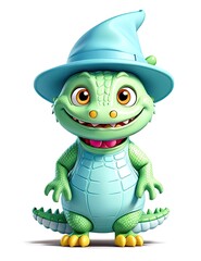 3d rendered illustration of crocodile cartoon character with hat and costume
