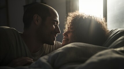 Fototapeta premium Smiling couple enjoying each other's company on a couch.