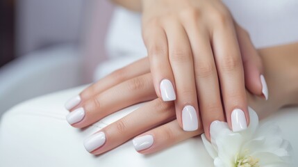 Obraz na płótnie Canvas Woman show beautiful nail after receive care service by professional Beautician Manicure at spa centre. Nail beauty salon use nail file for Glazing treatment. manicurist make nail to beautiful.