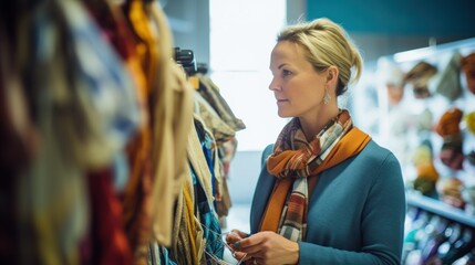 Woman browsing clothes in store. - obrazy, fototapety, plakaty