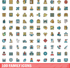Fototapeta premium 100 family icons set. Color line set of family vector icons thin line color flat on white