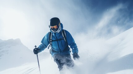 A skier man in the snow at a ski resort