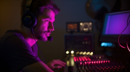 A person wearing headphones in a recording studio, immersed in the world of sound creation.