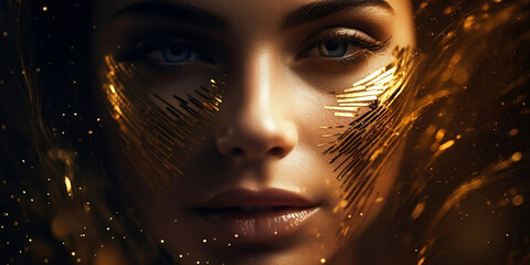 Woman face on golden glitter background copy space horizontal copy space.
