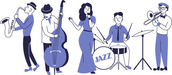 A jazz band performs on stage. Illustration of a jazz concert.