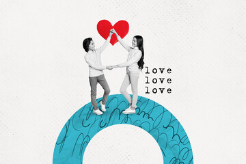 Creative drawing collage picture of positive couple teenagers hold hands kids dating concept...