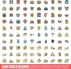 100 italy icons set. Color line set of italy vector icons thin line color flat on white