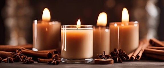 Cinnamon-scented candles with a warm glow - obrazy, fototapety, plakaty