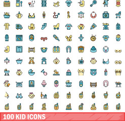100 kid icons set. Color line set of kid vector icons thin line color flat on white