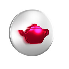 Red Traditional Chinese tea ceremony icon isolated on transparent background. Teapot with cup. Silver circle button.