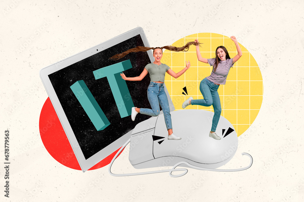 Poster Poster picture 3d collage of cheerful happy girl it specialists coding programming dancing isolated on drawing background