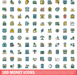 100 money icons set. Color line set of money vector icons thin line color flat on white