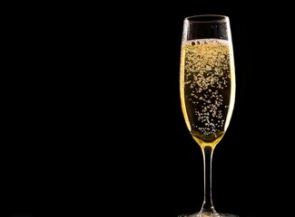 Bubbly champagne glass isolated on black background, with copy space, New Year Concept