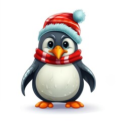 Cute Christmas penguin character. Cartoon penguin with warm hat and scarf. Created with Generative AI technology
