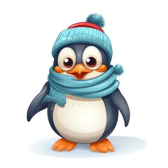 Obraz premium Cute Christmas penguin character. Cartoon penguin with warm hat and scarf. Created with Generative AI technology 