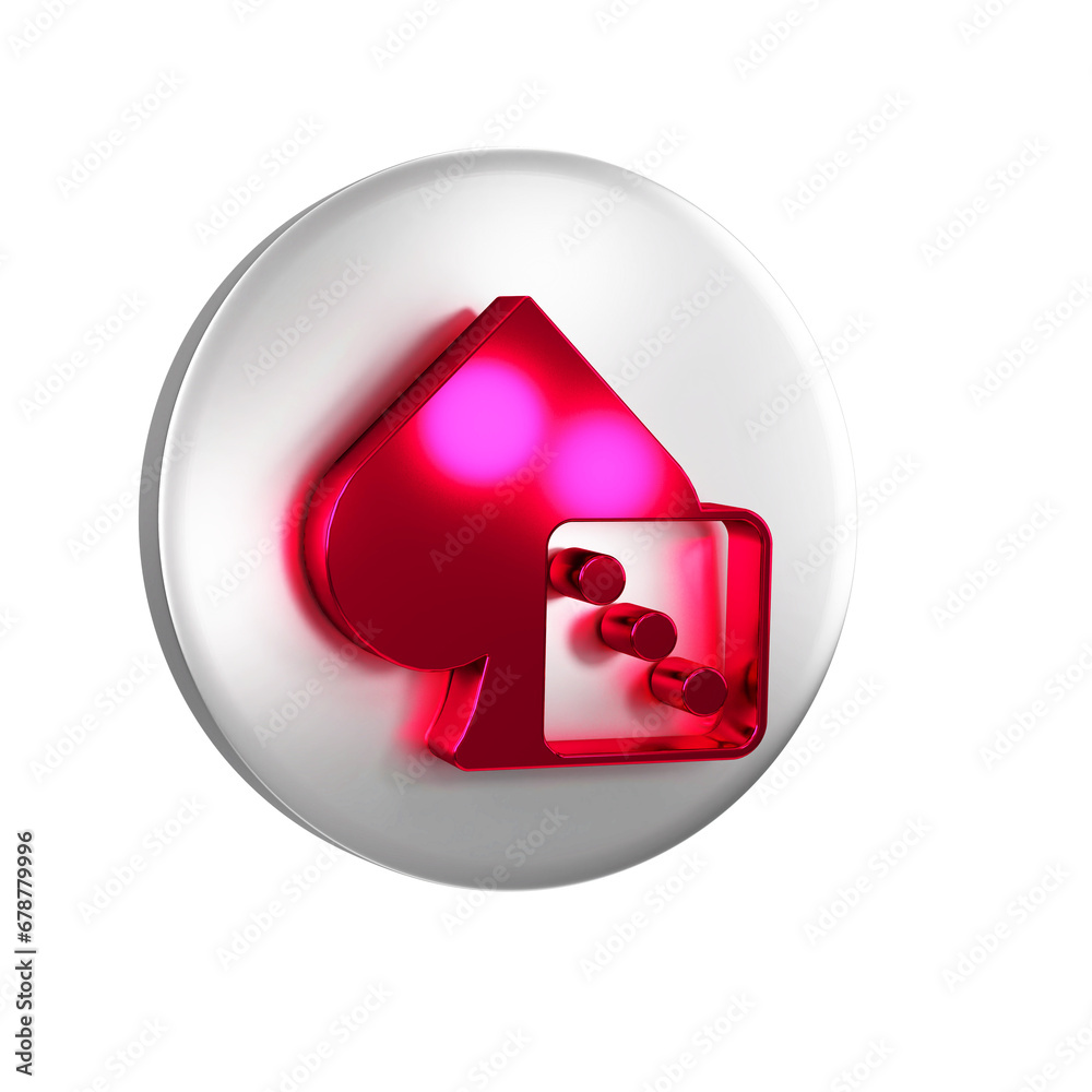 Poster red game dice icon isolated on transparent background. casino gambling. silver circle button.