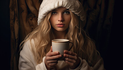 Mujer nordica de pelo largo rubio con gorro de lana y jersey beige, sosteniendo una taza de cafe caliente  en sus manos sobre un fondo oscuro . concepto de ocio, relax - obrazy, fototapety, plakaty