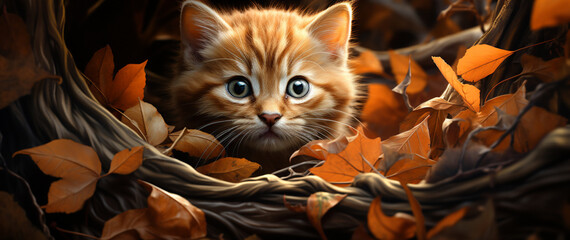 Herbstliches Fellknäuel: Nahaufnahme eines rot-weißen Katzenbabys