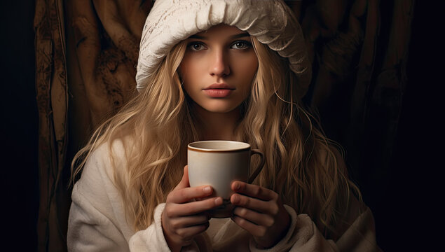 Mujer nordica de pelo largo rubio con gorro de lana y jersey beige, sosteniendo una taza de cafe caliente  en sus manos sobre un fondo oscuro . concepto de ocio, relax