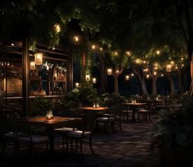 Fototapeta na wymiar an outdoor restaurant set against a wooden floor in front of some lighting and plants