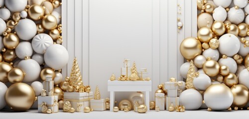 an elegant backdrop decorated with christmas ornaments and gold eggs