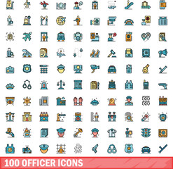 100 officer icons set. Color line set of officer vector icons thin line color flat on white