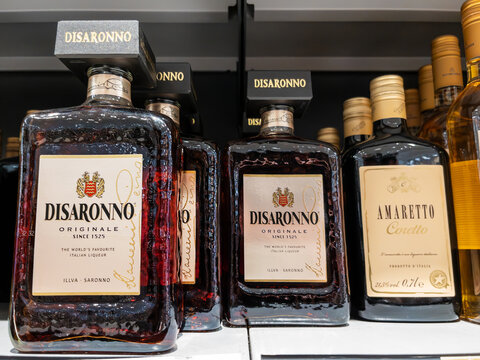 Disaronno Italian Liqueur and Amaretto Coretto Bottles on the Shelf