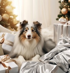 swedish spruce dog laying on blanket while surrounded by christmas presents