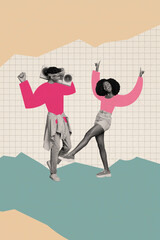 Photo cartoon comics sketch collage picture of happy funky couple dancing enjoying boom box music...