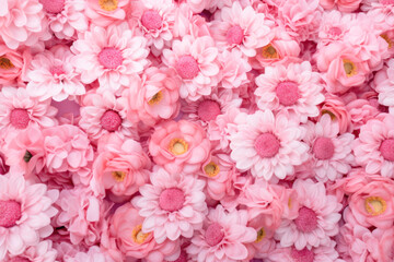 An arrangement of many pink flowers are close together.